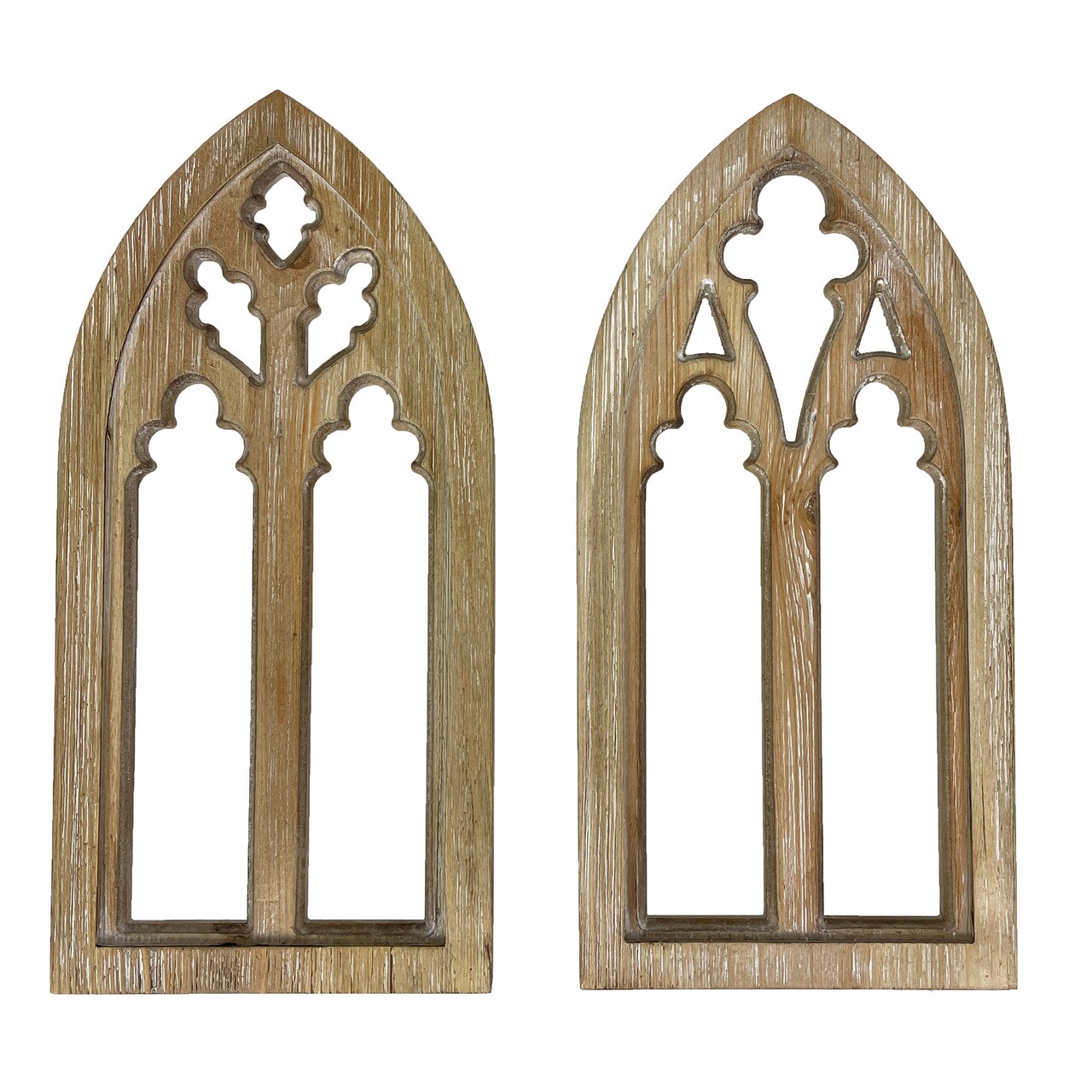 Whitewashed Wood Gothic Arch Window Frame Wall Decor 2 Piece Set
